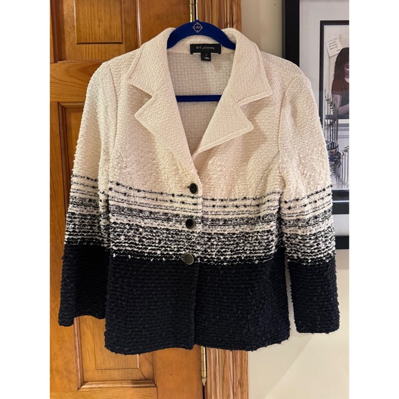 St. John Knits Ombre Colorblock Wool Blend Jacket Cream Black Size 10 Made USA - Picture 2 of 9